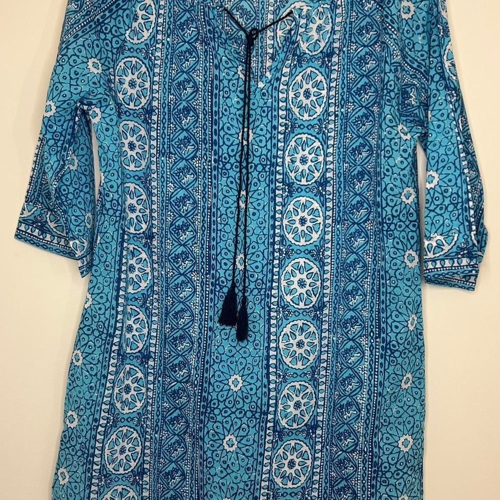 FRENCH CURVE blue white geometric beach cover lightweight dress Womens S